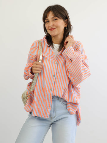 ANNA Oversize Musselin Bluse - blau / orange - gestreift
