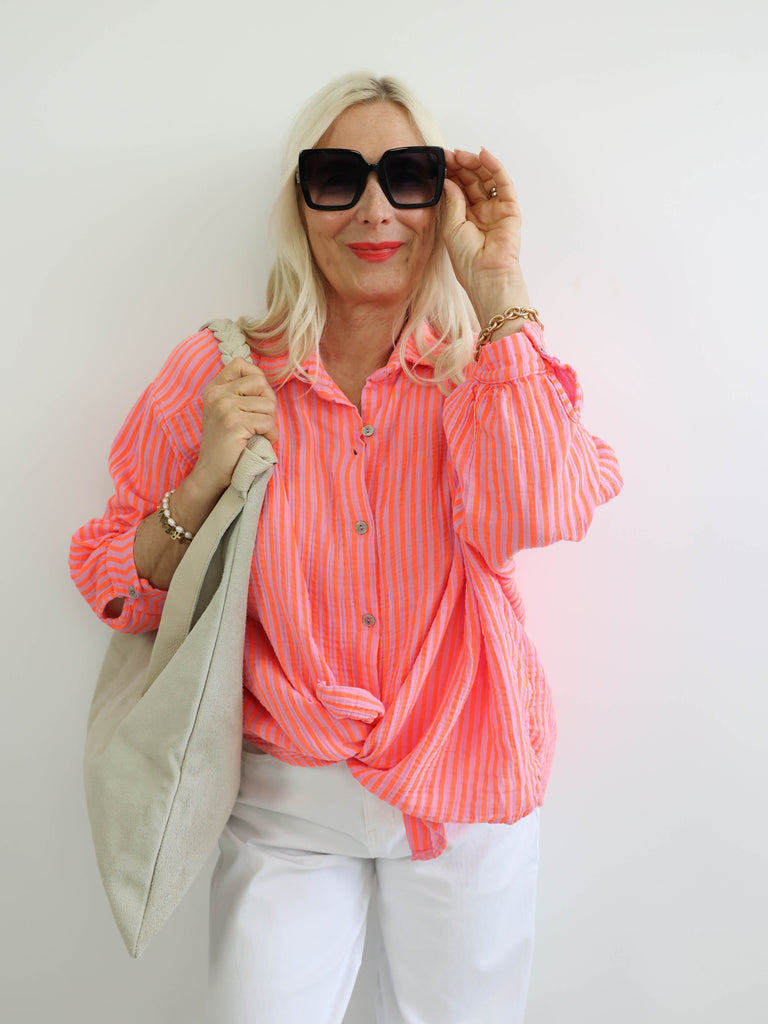 ANNA Oversize Musselin Bluse - neon orange / rosa - gestreift
