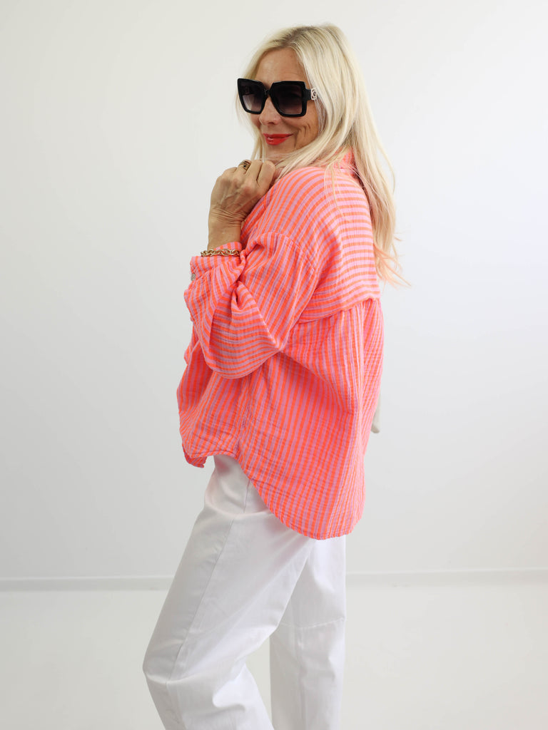 ANNA Oversize Musselin Bluse - neon orange / rosa - gestreift