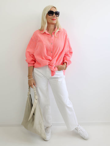 ANNA Oversize Musselin Bluse - neon orange / rosa - gestreift