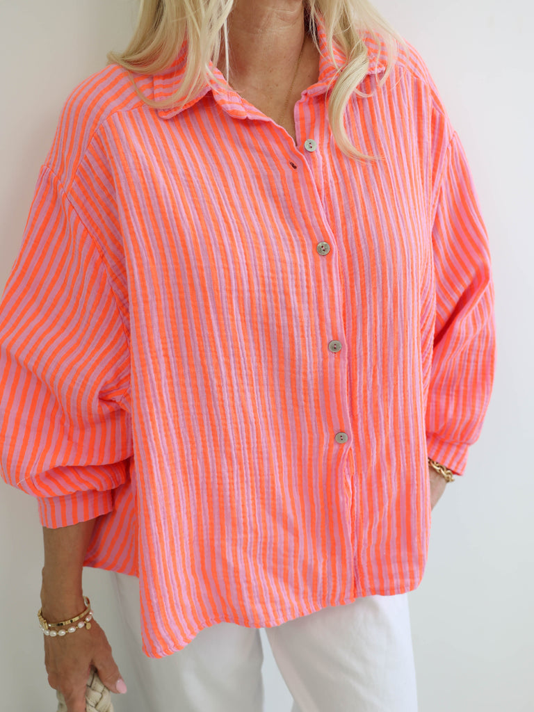 ANNA Oversize Musselin Bluse - neon orange / rosa - gestreift