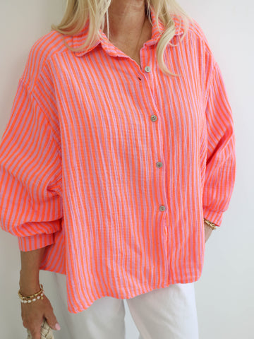 ANNA Oversize Musselin Bluse - neon orange / rosa - gestreift