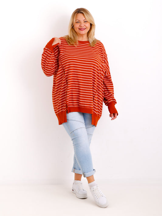 ROMY Sweater Curvy Fit – langer Plus Size Pullover in terracotta