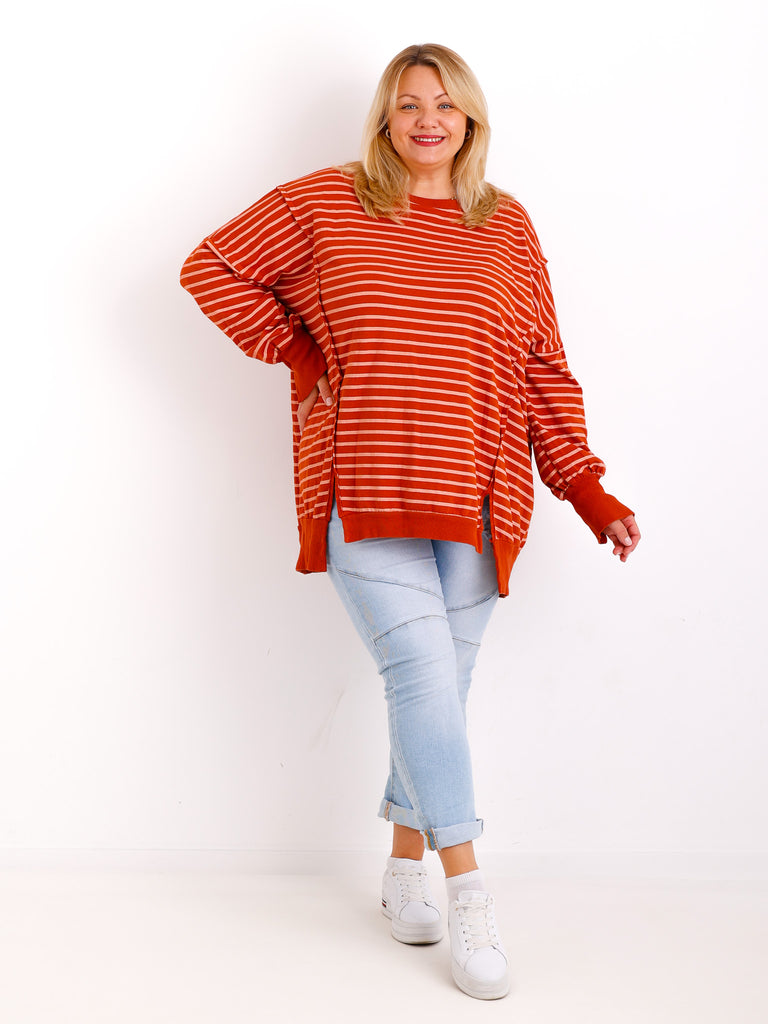 ROMY Sweater Curvy Fit – langer Plus Size Pullover in terracotta