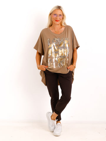 Oversize-T-Shirt JOHANNA.S – Goldener Leo-Print mit Statement – Gr. 38–48
