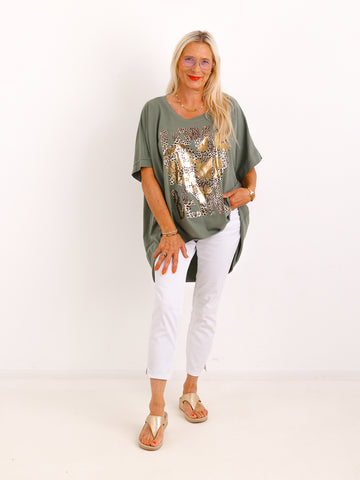 Oversize-T-Shirt JOHANNA.S – Goldener Leo-Print mit Statement – Gr. 38–48