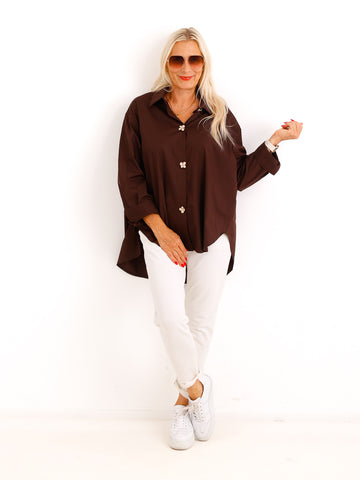 Oversize Bluse VIRELLA – Abnehmbare Statement-Blumenknöpfe mit Klick-System – Gr. 40–46