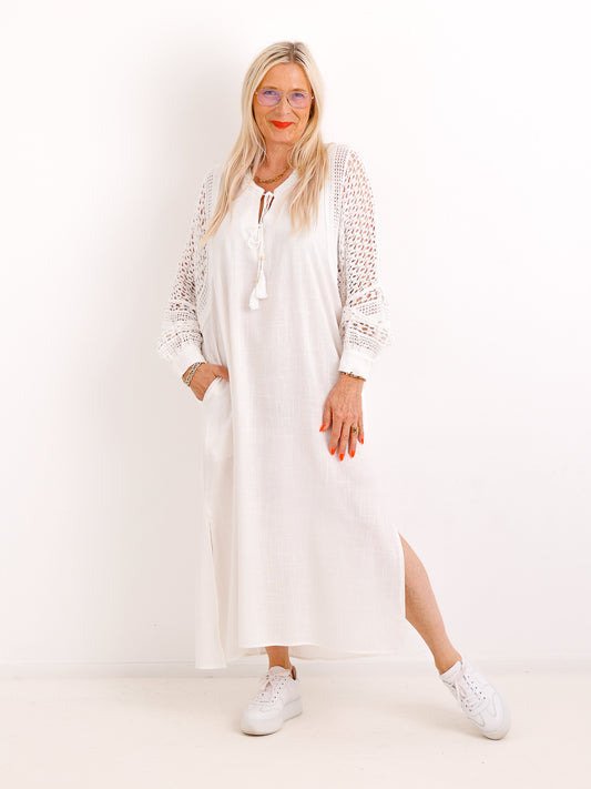 Boho-Maxikleid ESTELLE.S  – Häkel-Rücken & Ärmel – Leinen-Mix – Gr. 38-42