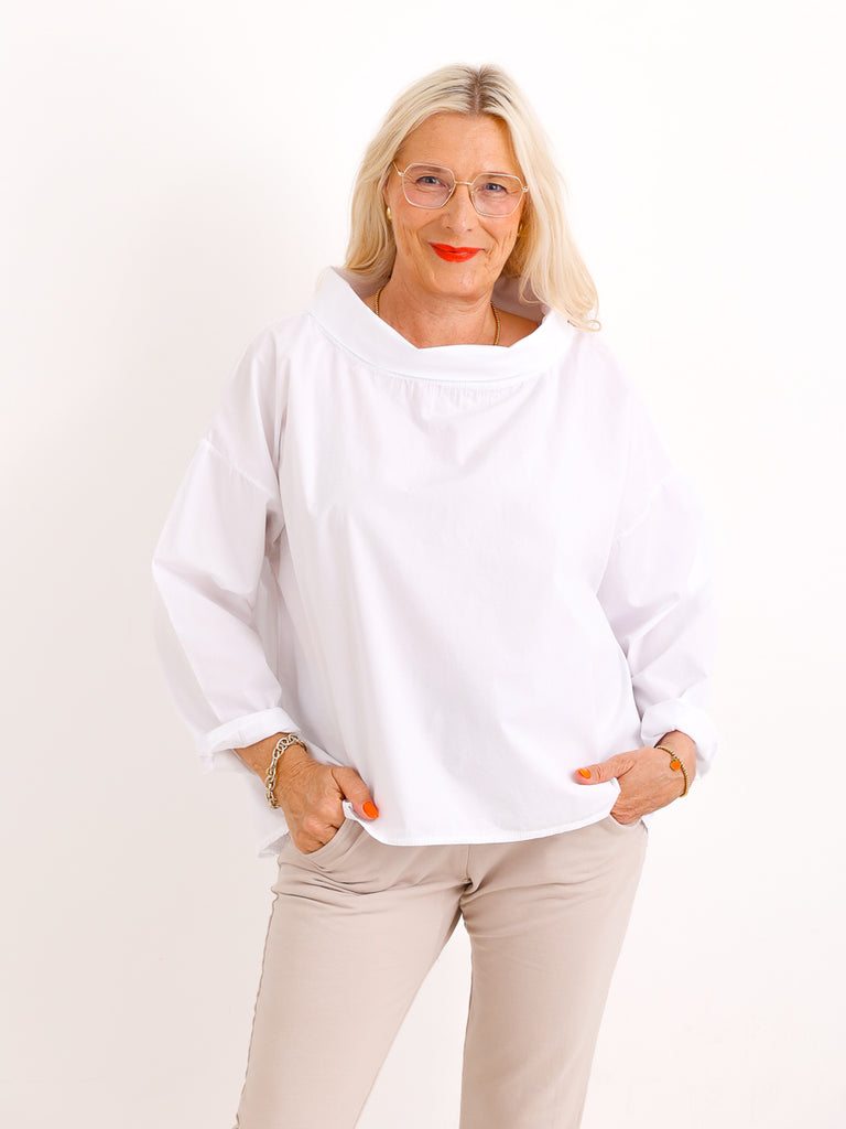 Elegante Baumwoll-Bluse SMILLA.S – Stehkragen & Faltenwurf – Gr. 38-42/44