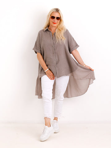 Oversize Leinen-Tunikabluse FAITH.S – Mit fließendem Plissee-Saum – Gr. 38-50