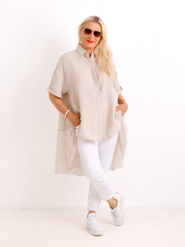 Oversize Leinen-Tunikabluse FAITH.S – Mit fließendem Plissee-Saum – Gr. 38-50