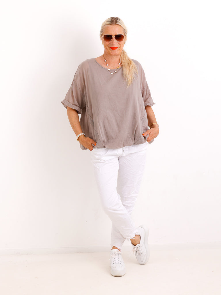 Oversize Baumwollbluse LUCIE.S – Zweilagig mit Zierbändern – Gr. 38-46