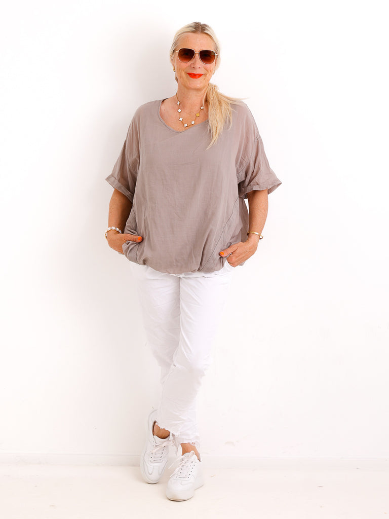 Oversize Baumwollbluse LUCIE.S – Zweilagig mit Zierbändern – Gr. 38-46