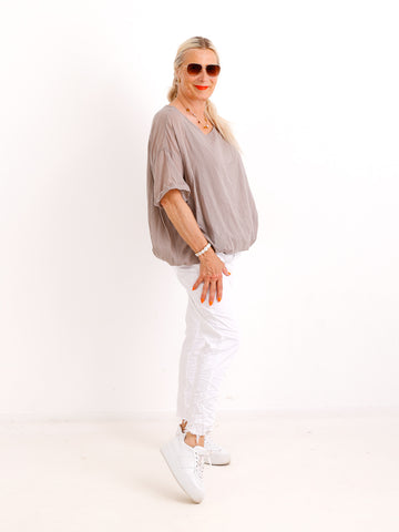 Oversize Baumwollbluse LUCIE.S – Zweilagig mit Zierbändern – Gr. 38-46