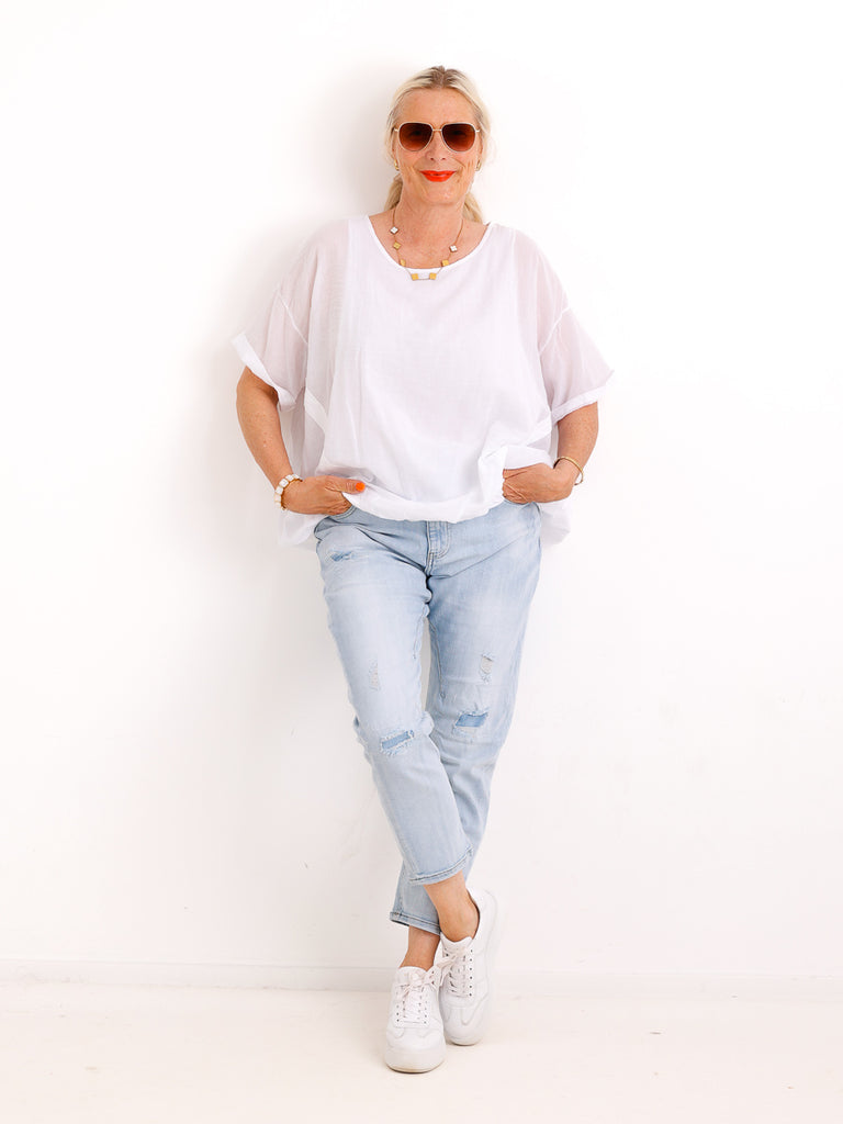 Oversize Baumwollbluse LUCIE.S – Zweilagig mit Zierbändern – Gr. 38-46