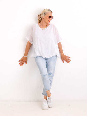 Oversize Baumwollbluse LUCIE.S – Zweilagig mit Zierbändern – Gr. 38-46