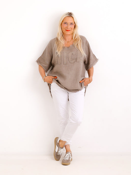 Oversize Leinen-Shirt SARAH.S mit Jersey-Rücken & Komfort-Stretch – Gr. 36-42