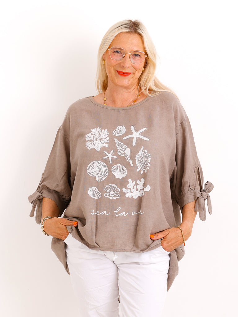 Oversize Leinen-Shirt Polly.S – Edler Muschel-Print & Strass – Gr. 38-46