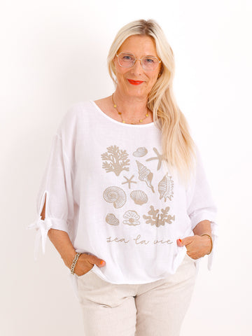 Oversize Leinen-Shirt Polly.S – Edler Muschel-Print & Strass – Gr. 38-46