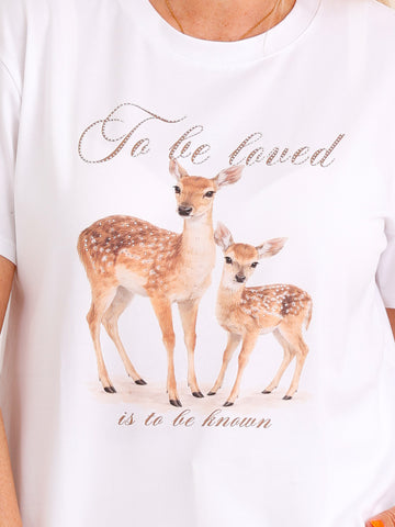 T-Shirt LEA.S – Reh-Print mit funkelnden Strassdetails - Gr. 36–40