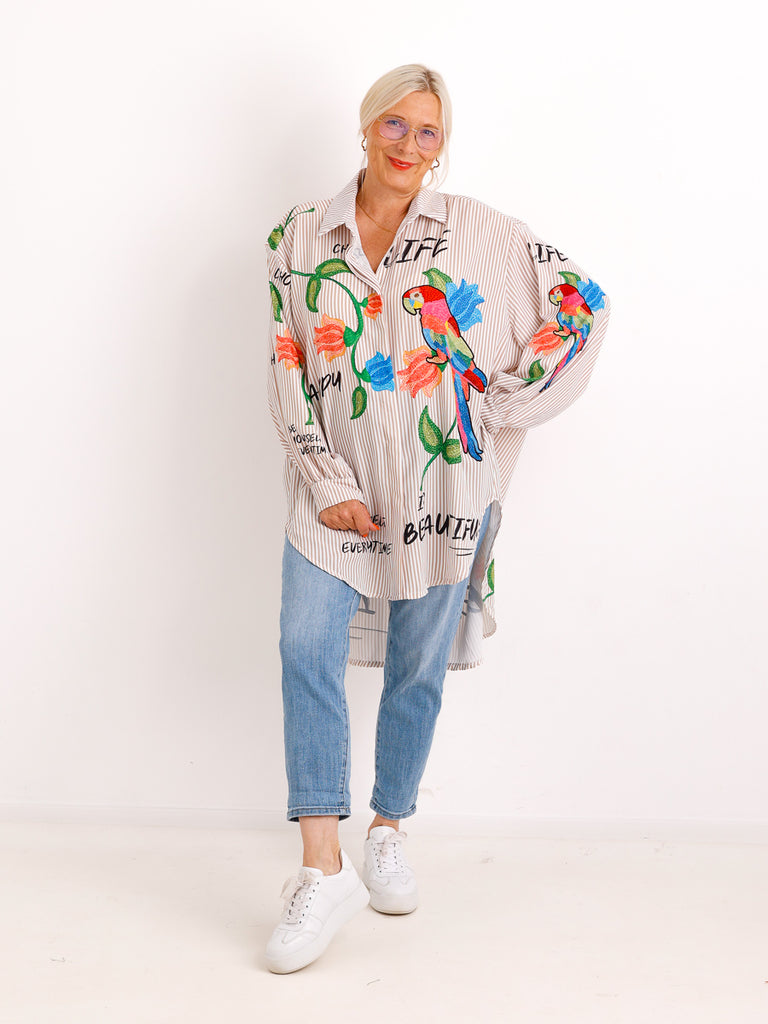 Curvy Size Bluse ELLA.S – Exotischer Papageien-Print mit Streifen-Look - Gr. 42-52