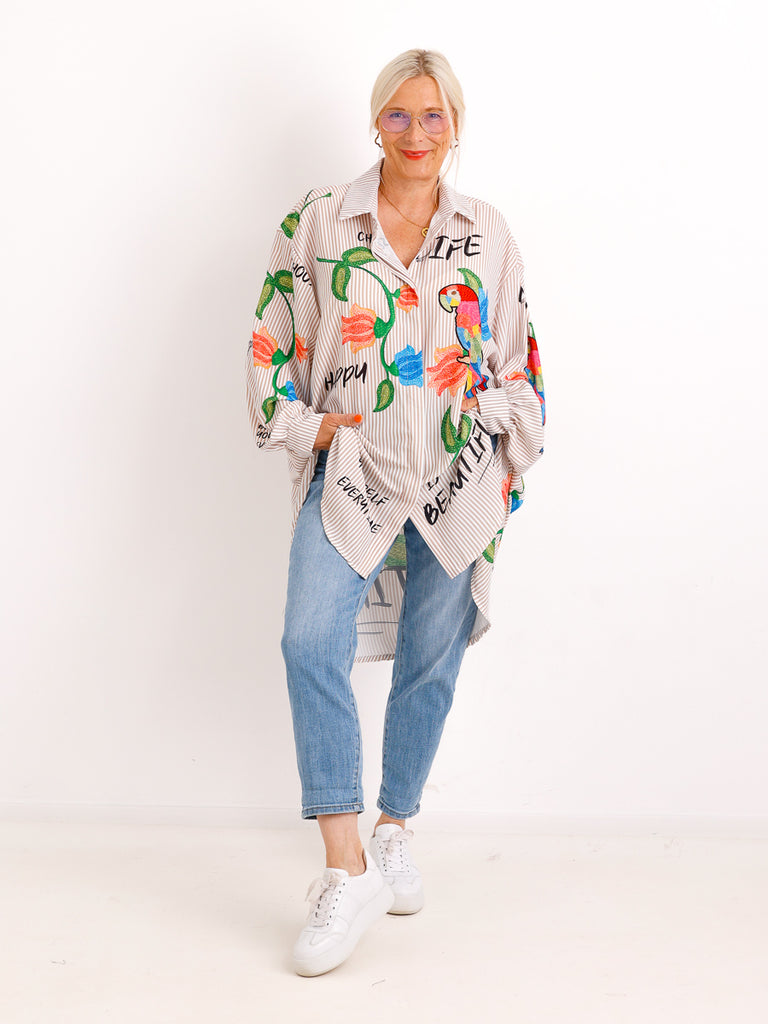 Curvy Size Bluse ELLA.S – Exotischer Papageien-Print mit Streifen-Look - Gr. 42-52