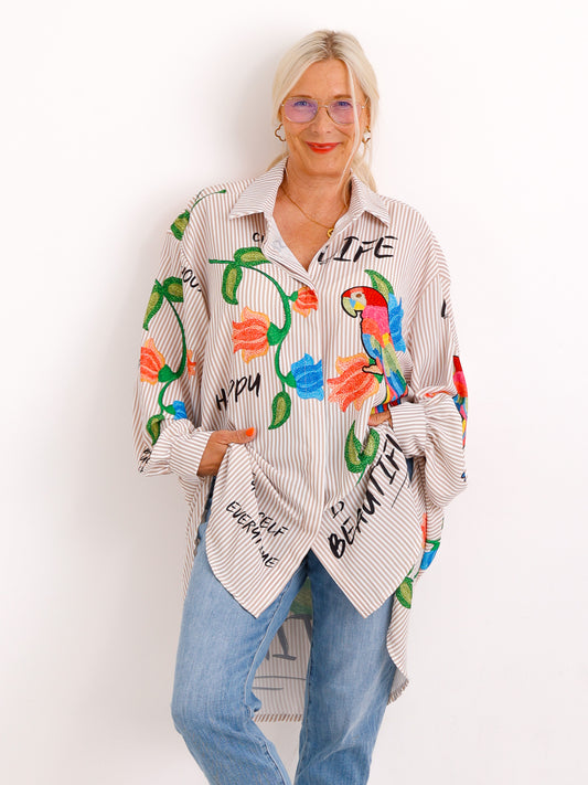 Oversize-Stripe-Bluse ELLA.S mit Papageien-Print – Seiden-Haptik – Gr. 42-52