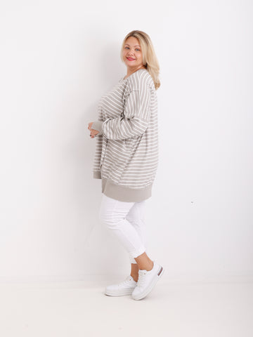 ROMY Sweater Curvy Fit – langer Plus Size Pullover in Beige/Offwhite