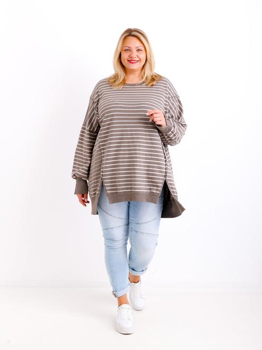ROMY Curvy Size Sweater – langer Plus Size Pullover in Taupe/Beige