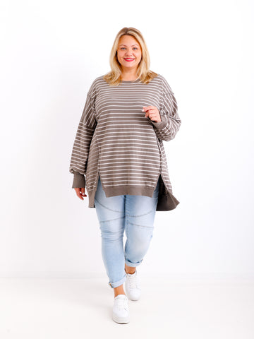 ROMY Curvy Size Sweater – langer Plus Size Pullover in Taupe/Beige