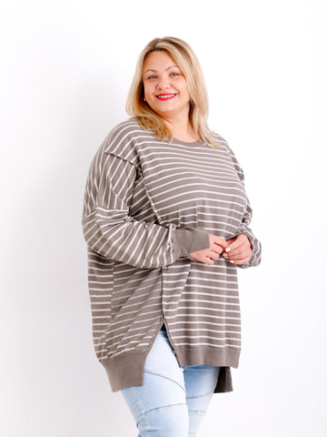 ROMY Curvy Size Sweater – langer Plus Size Pullover in Taupe/Beige