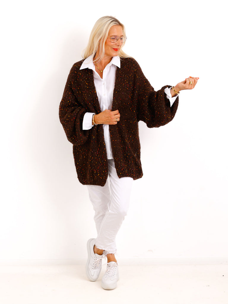 Oversize-Strickjacke ANGIE.S – Flauschiger Konfetti-Strick – Gr. 38–48
