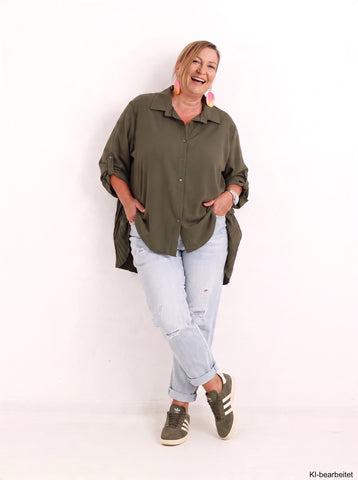 Curvy Size - Bluse VELUNIE – Herbst-Winter-Qualität mit Plisseefalten & extra langem Schnitt – Gr. 44–54