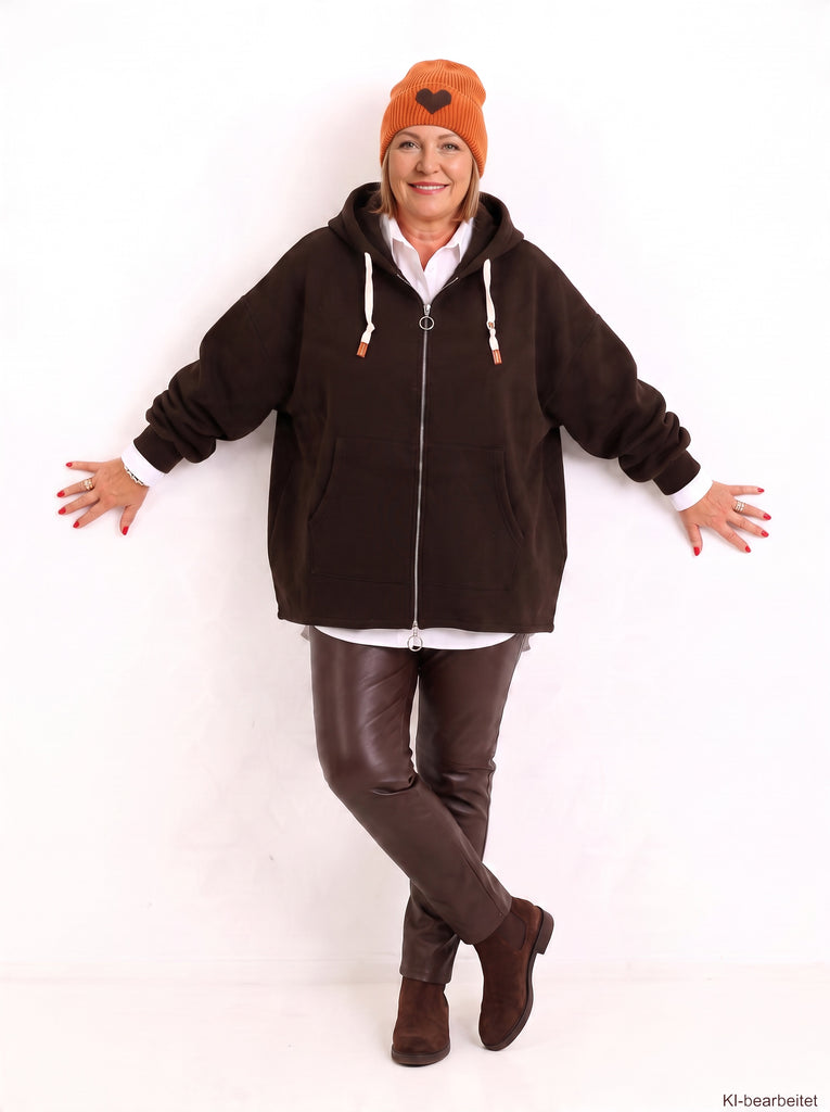 Curvy Size Sweatjacke MAVENIE – Kuschelige Hoodie-Jacke mit Kapuze & mit 2-Wege-Reißverschluss – Gr. 44–56