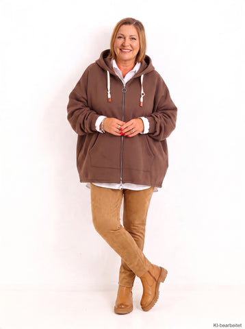 Curvy Size Sweatjacke MAVENIE – Kuschelige Hoodie-Jacke mit Kapuze & mit 2-Wege-Reißverschluss – Gr. 44–56