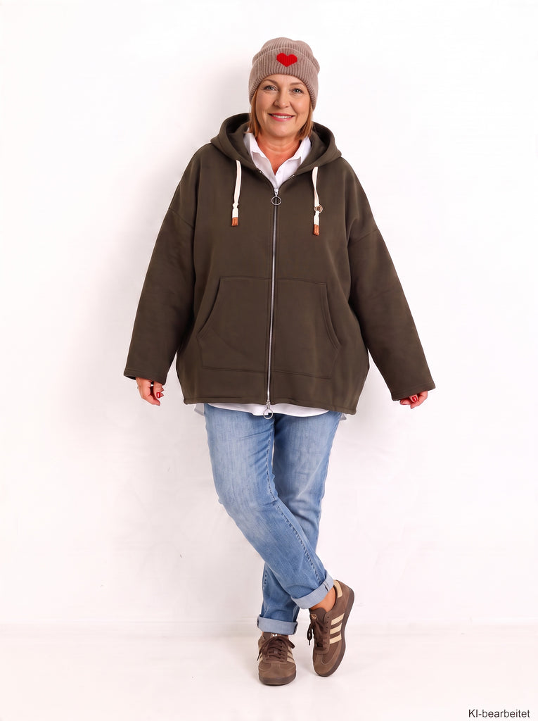 Curvy Size Sweatjacke MAVENIE – Kuschelige Hoodie-Jacke mit Kapuze & mit 2-Wege-Reißverschluss – Gr. 44–56