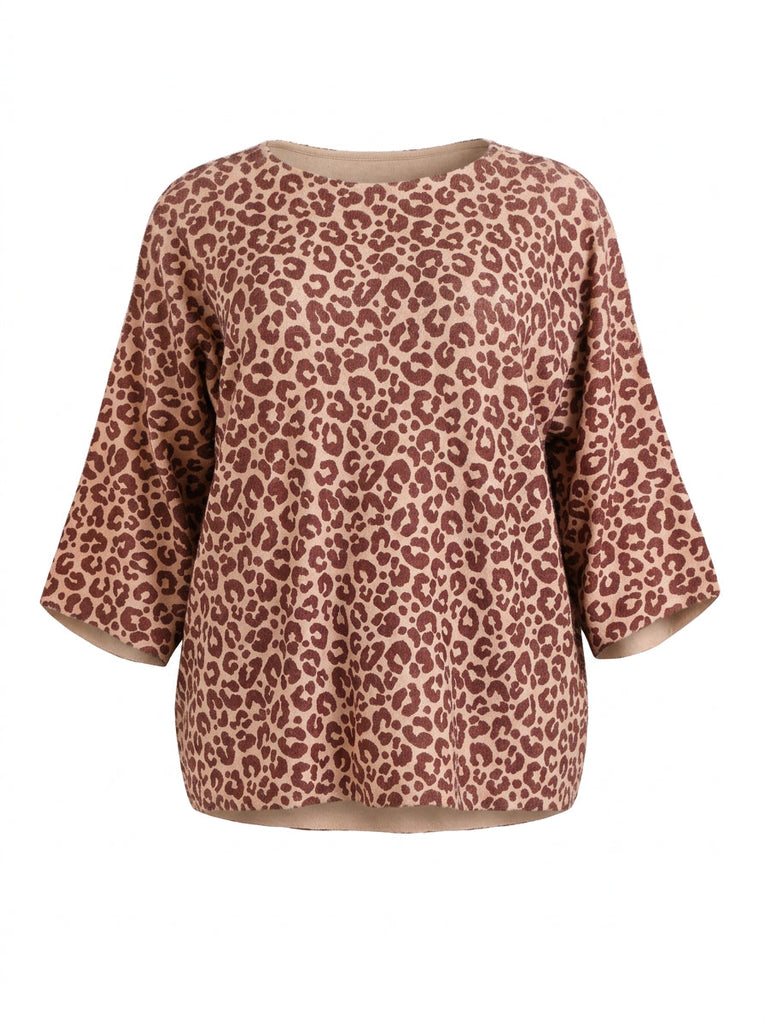 Silberstern Feinstrick-Pullover MARISA in Curvy Size mit Leopardenmuster, U-Boot-Ausschnitt und Dreiviertelärmeln